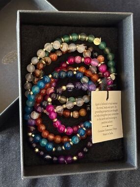 Genuine Agate Gemstone & Brass Beaded Bracelet Set - New with Tags